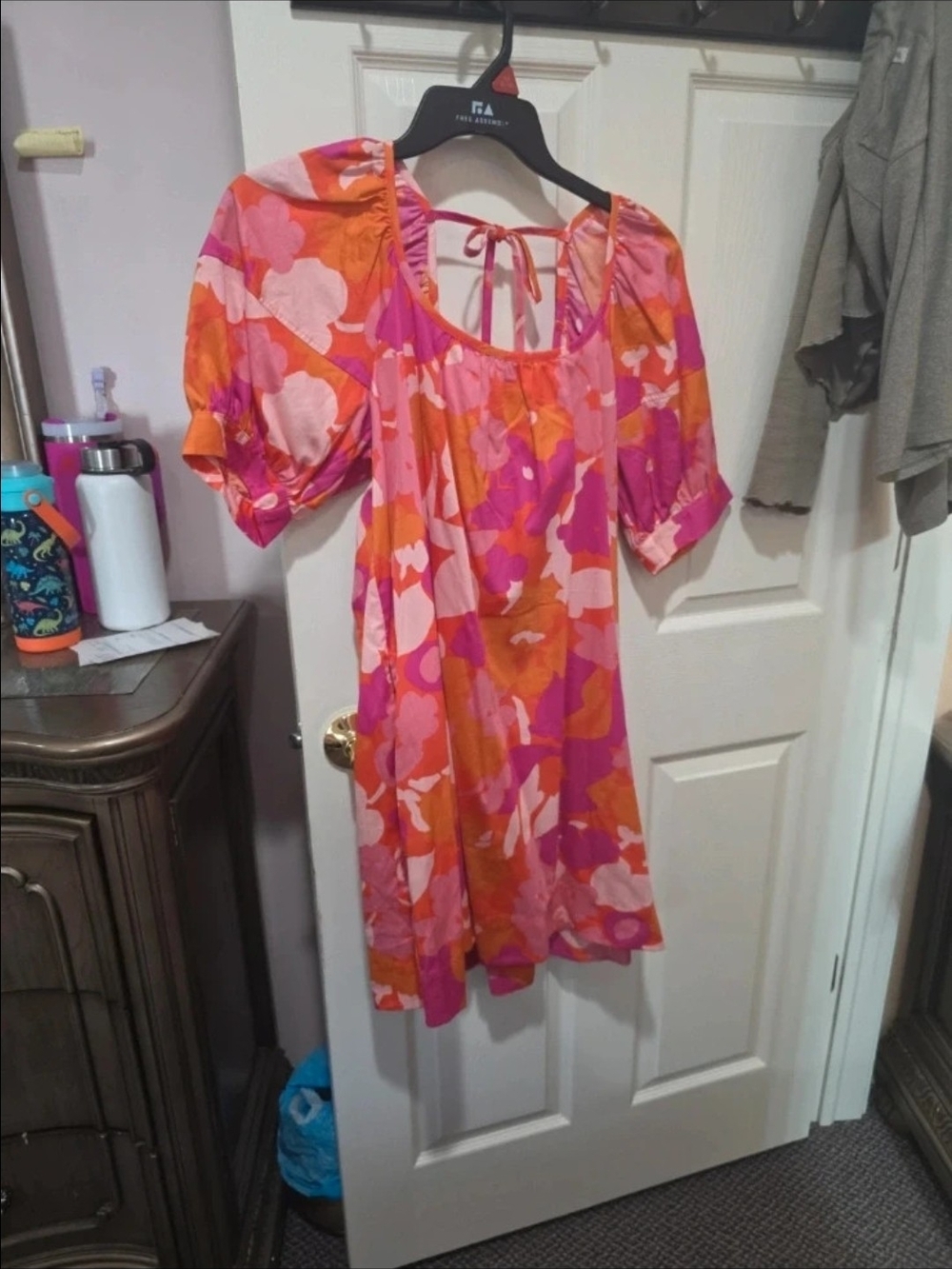Bright Pink & Orange Floral Midi Dress with Puff Sleeves